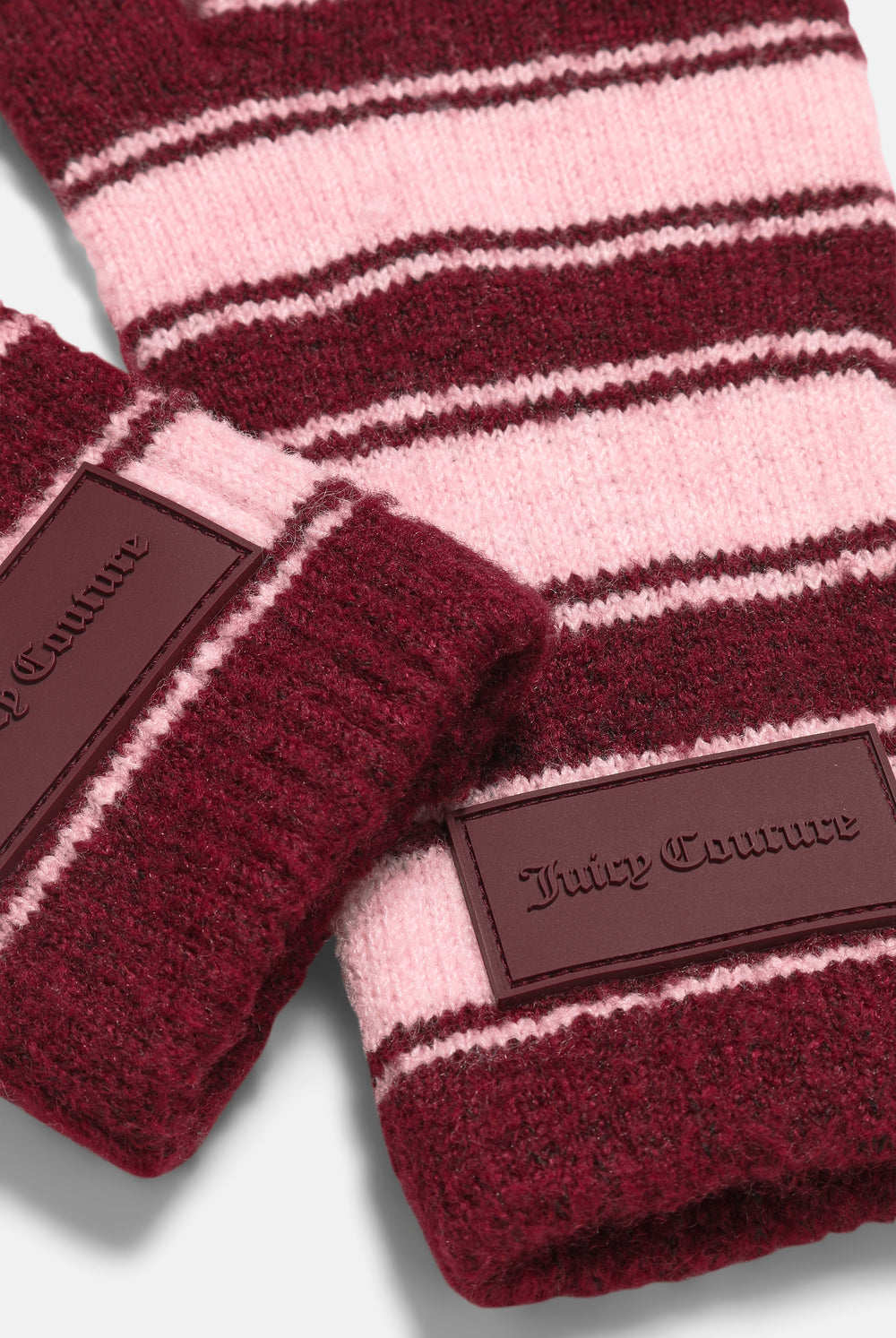 Displays the Burgundy Stripe 'Juicy' branded Fingerless Mittens featuring the juicy branding 