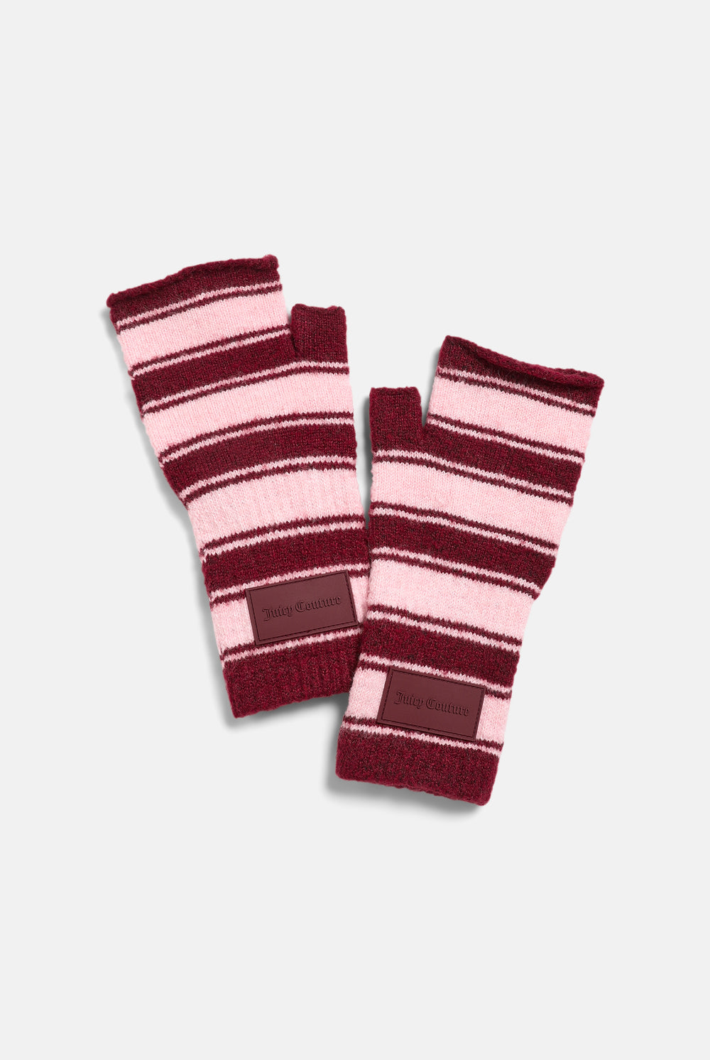 Displays the Burgundy Stripe 'Juicy' branded Fingerless Mittens