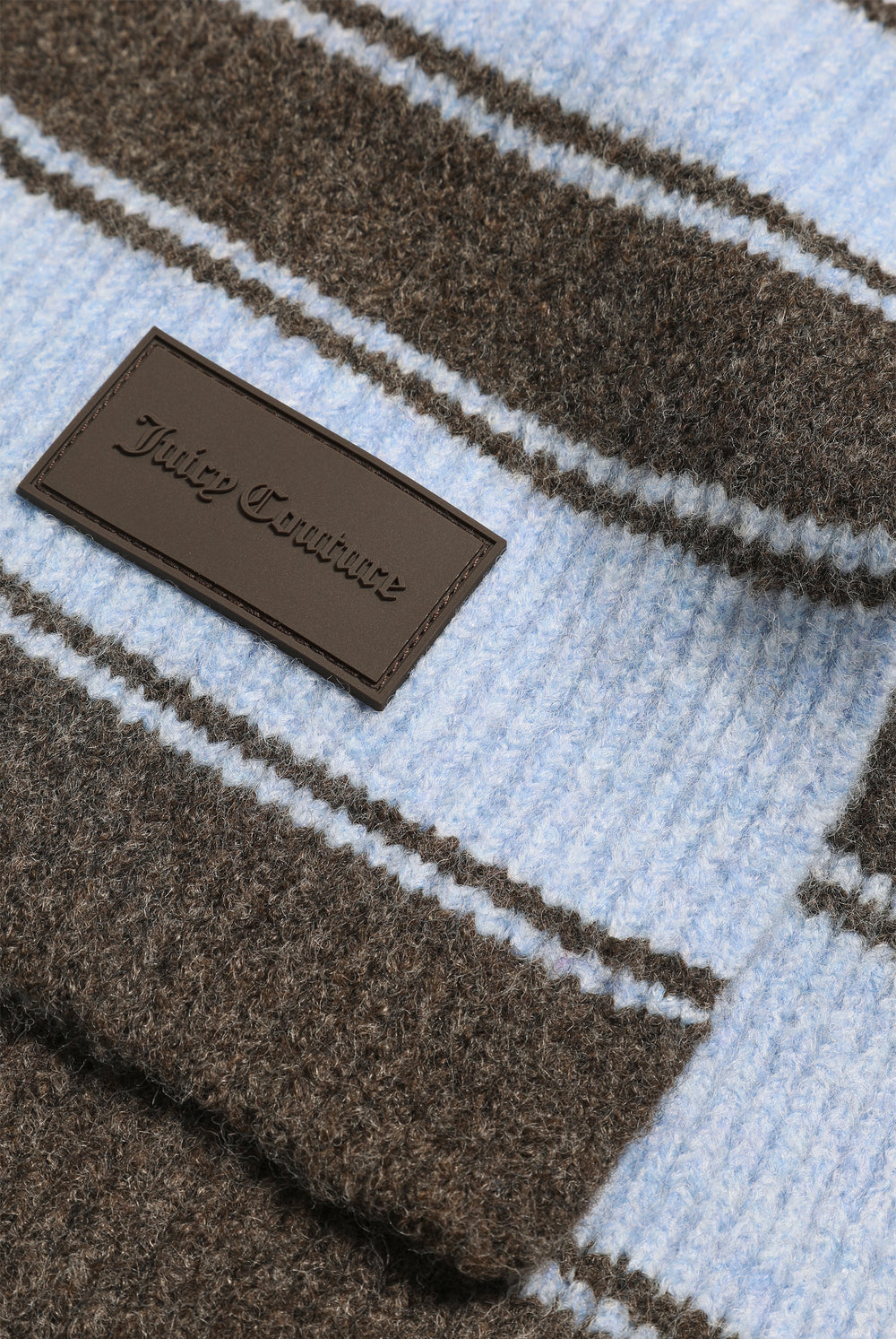 Displays the Java Stripe 'Juicy' branded  Knit Scarf featuring the juicy branding