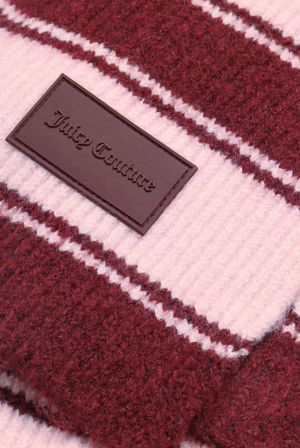 Displays the Burgundy 'juicy' branded Stripe Knit Scarf featuring the juicy branding 