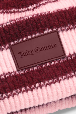 Displays the Burgundy Stripe 'Juicy' branded Ribbed Beanie featuring the juicy branding 