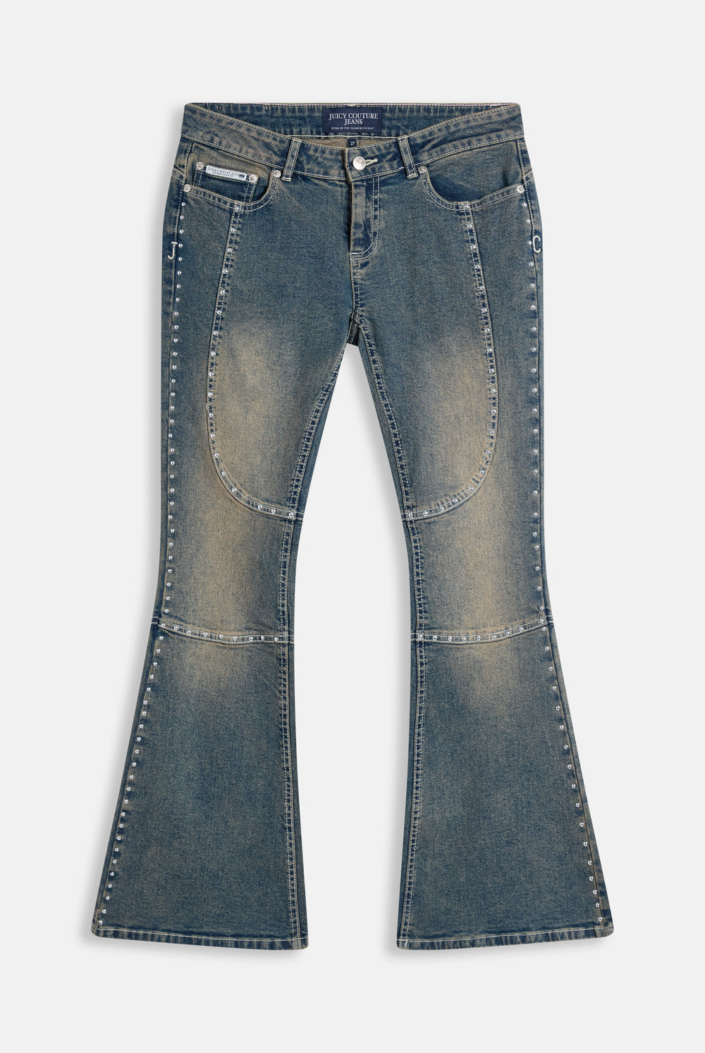 Displays the Mid Wash 'Juicy' branded Sand Stud Moto Bootcut Jeans