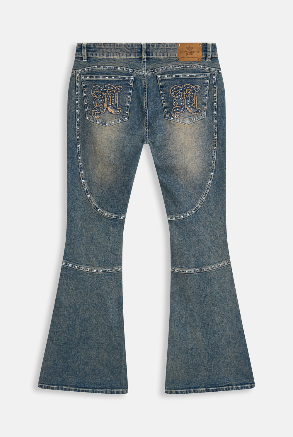 Displays the Mid Wash 'Juicy' branded Sand Stud Moto Bootcut Jeans
