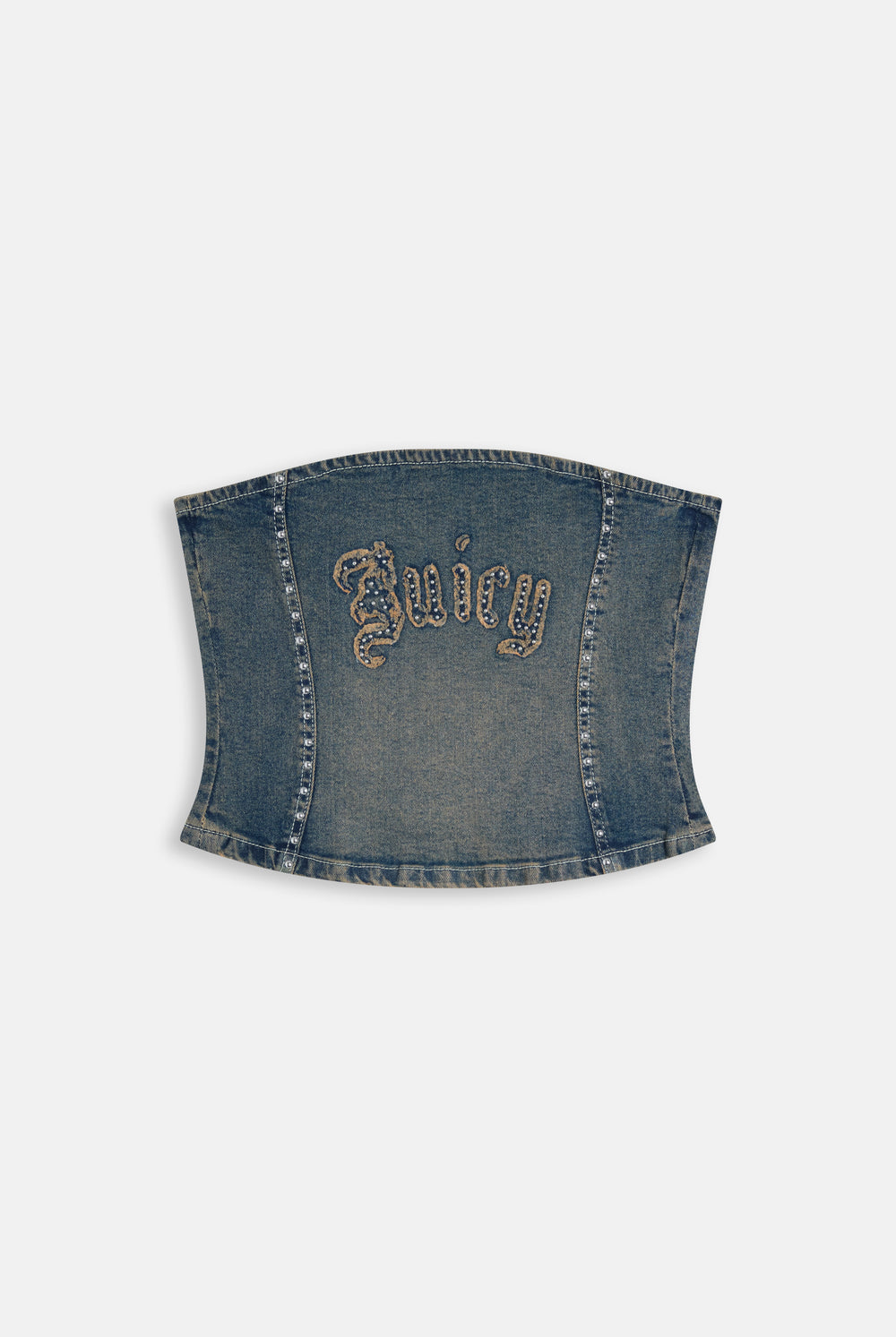 Displays the Mid Wash 'Juicy' branded Sand Denim Studded Corset Top
