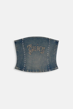 Displays the Mid Wash 'Juicy' branded Sand Denim Studded Corset Top
