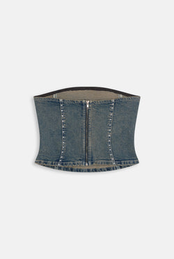Displays the Mid Wash 'Juicy' branded Sand Denim Studded Corset Top