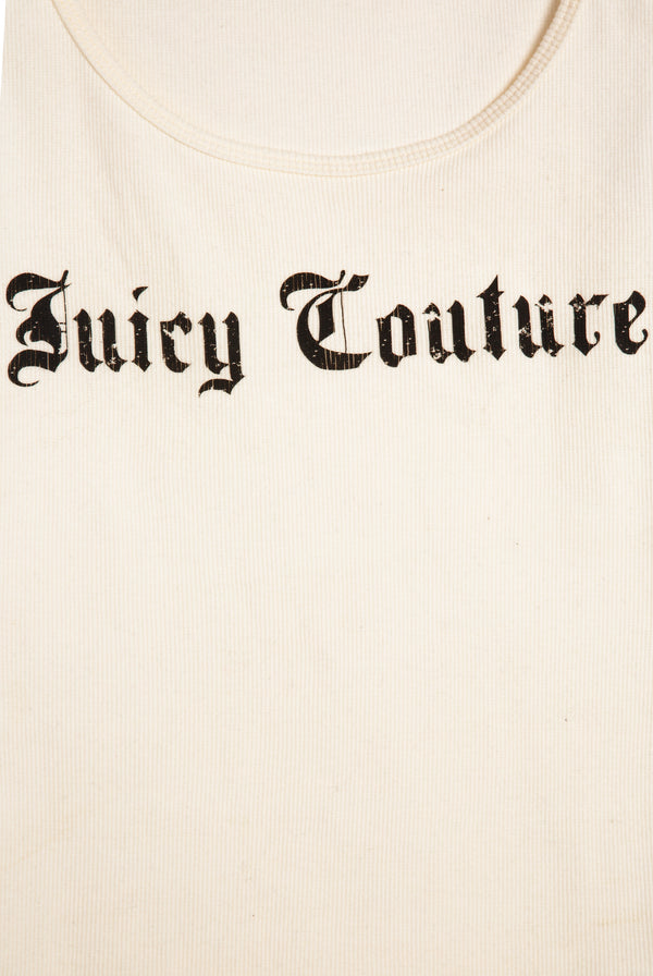 Displays the White 'Juicy' branded longline ribbed vest 