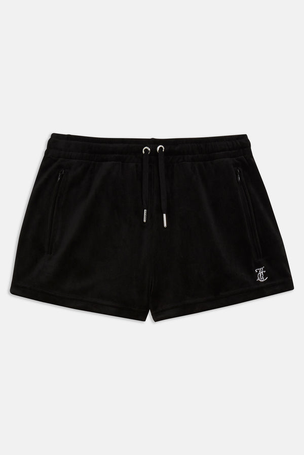 Displays the Black 'Juicy' branded velour diamanté track shorts 