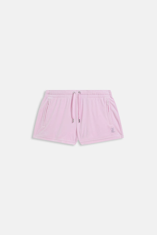 Displays the Cherry Blossom 'Juicy' branded velour outline diamanté track shorts 