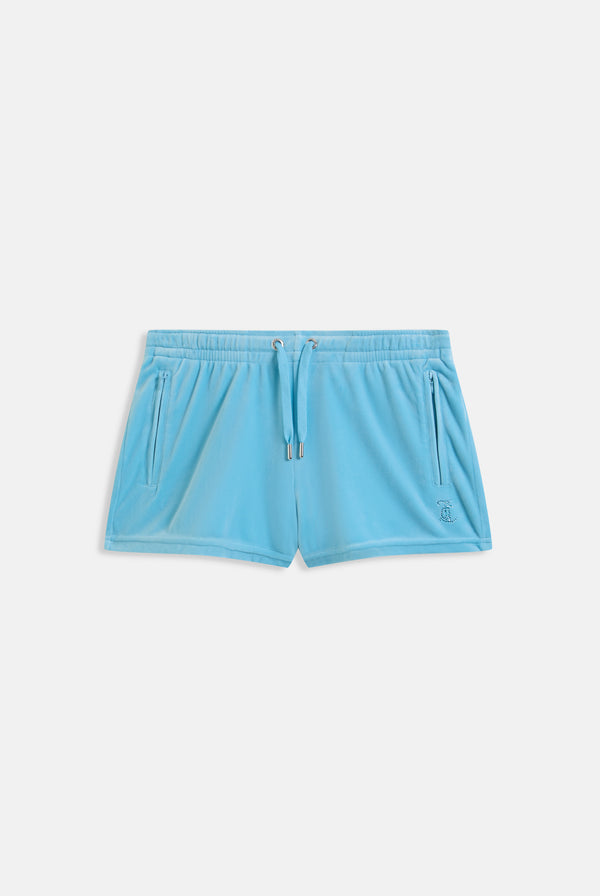 Displays the Sky Blue 'juicy' branded Velour outline diamanté track shorts 