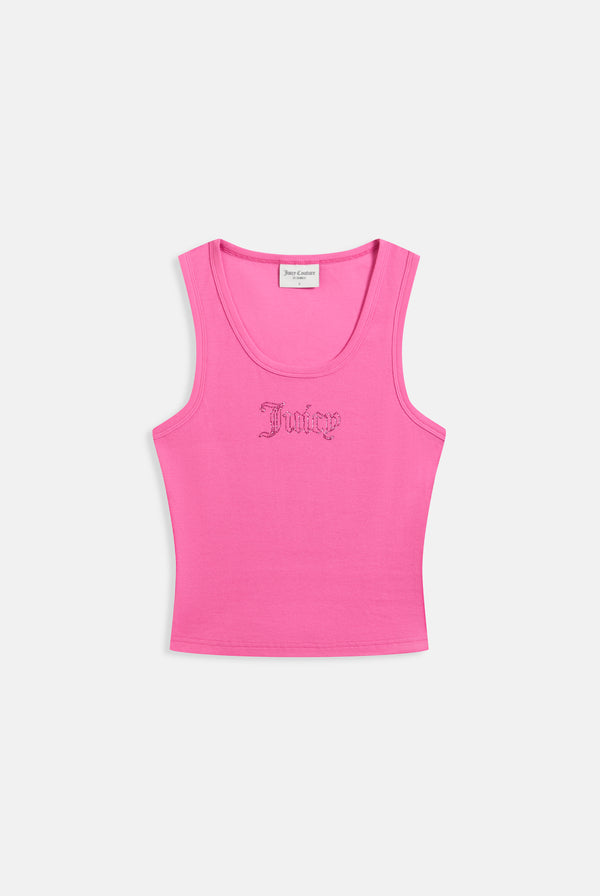Displays the Super Pink 'Juicy' branded ribbed outline diamanté racer vest 