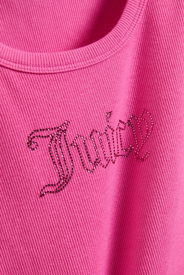 Displays the Super Pink 'Juicy' branded ribbed outline diamanté racer vest featuring the juicy branding 