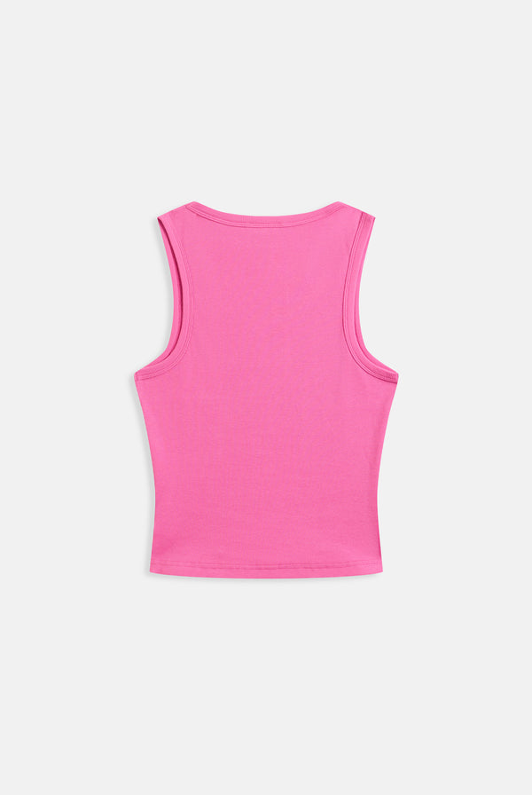 Displays the Super Pink 'Juicy' branded ribbed outline diamanté racer vest 