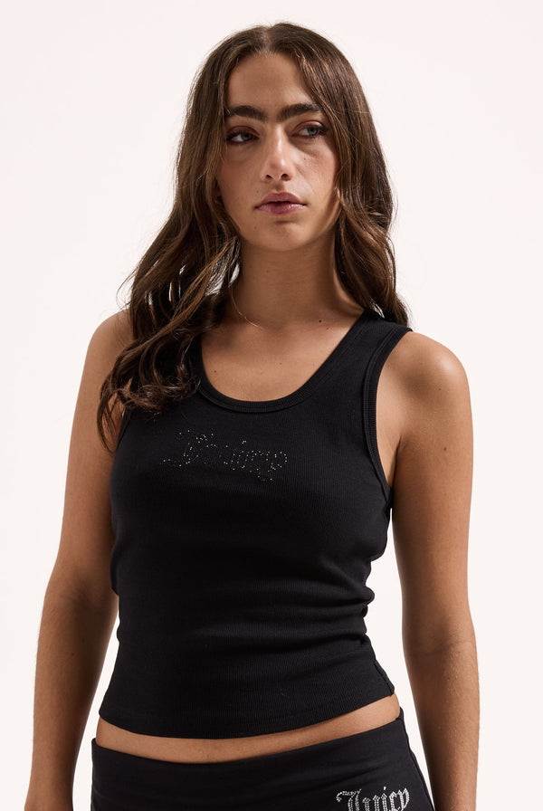 Displays a model wearing the Black 'Juicy' branded ribbed outline diamanté racer vest 