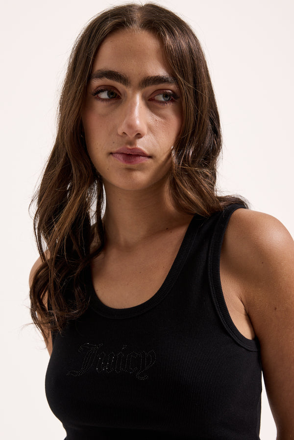 Displays a model wearing the Black 'Juicy' branded ribbed outline diamanté racer vest 