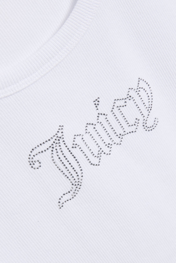 Displays the white 'Juicy' branded outline diamanté racer vest featuring juicy branding 