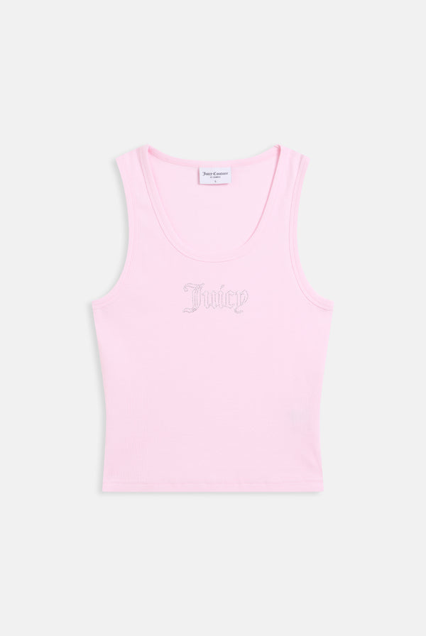 Displays the cherry blossom ribbed 'juicy' branded outline diamanté racer vest 