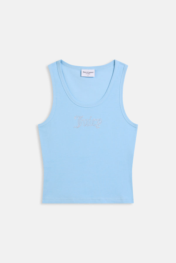 Displays the sky blue 'juicy' branded outline diamanté racer vest 