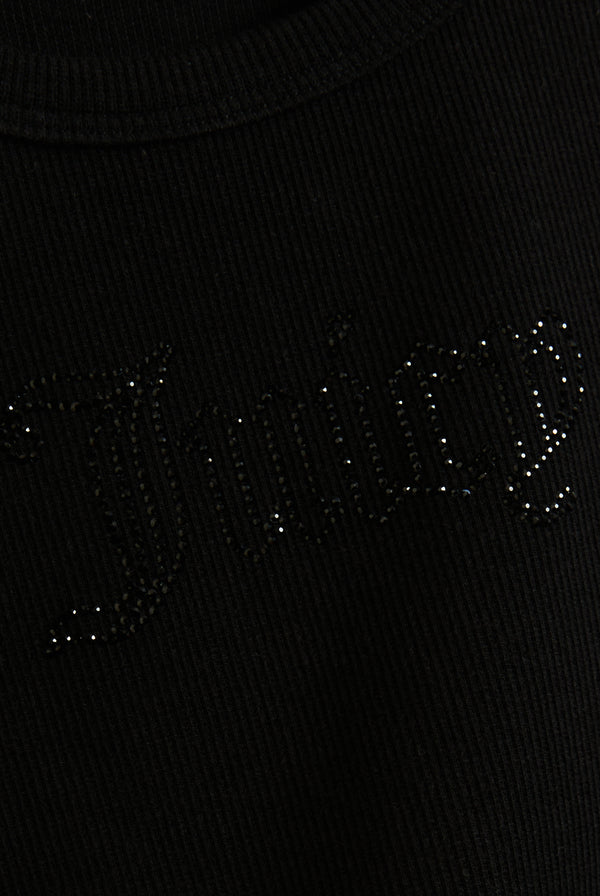 Displays the Black 'Juicy' branded ribbed outline diamanté racer vest featuring juicy branding