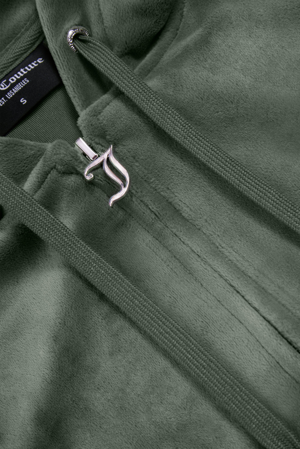 Displays the Thyme 'Juicy' branded classic velour Robertson hoodie featuring the juicy branding on the zip