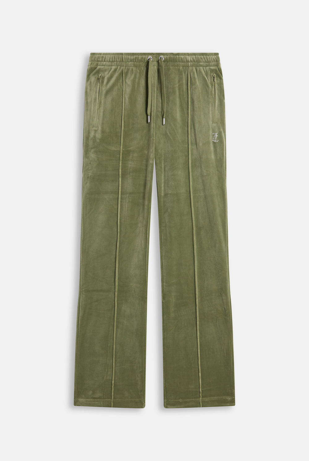 Displays the Oil Green 'Juicy' branded Velour Diamanté Tracksuit Bottom