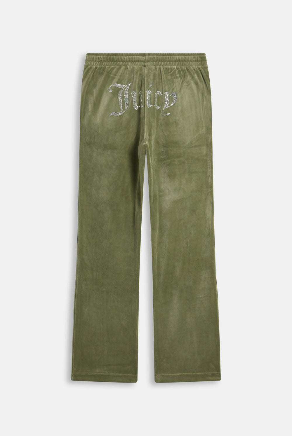 Displays the Oil Green 'Juicy' branded Velour Diamanté Tracksuit Bottom