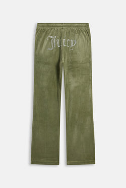 Displays the Oil Green 'Juicy' branded Velour Diamanté Tracksuit Bottom