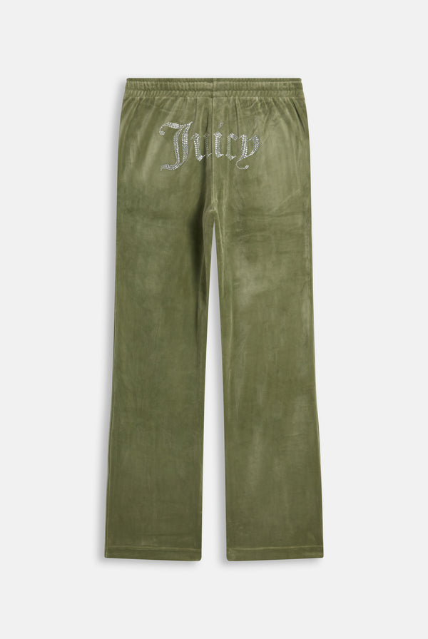 Displays the Oil Green 'Juicy' branded Velour Diamanté Tracksuit Bottom