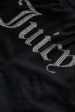 Black velour tracksuit bottoms with diamanté branding on the back