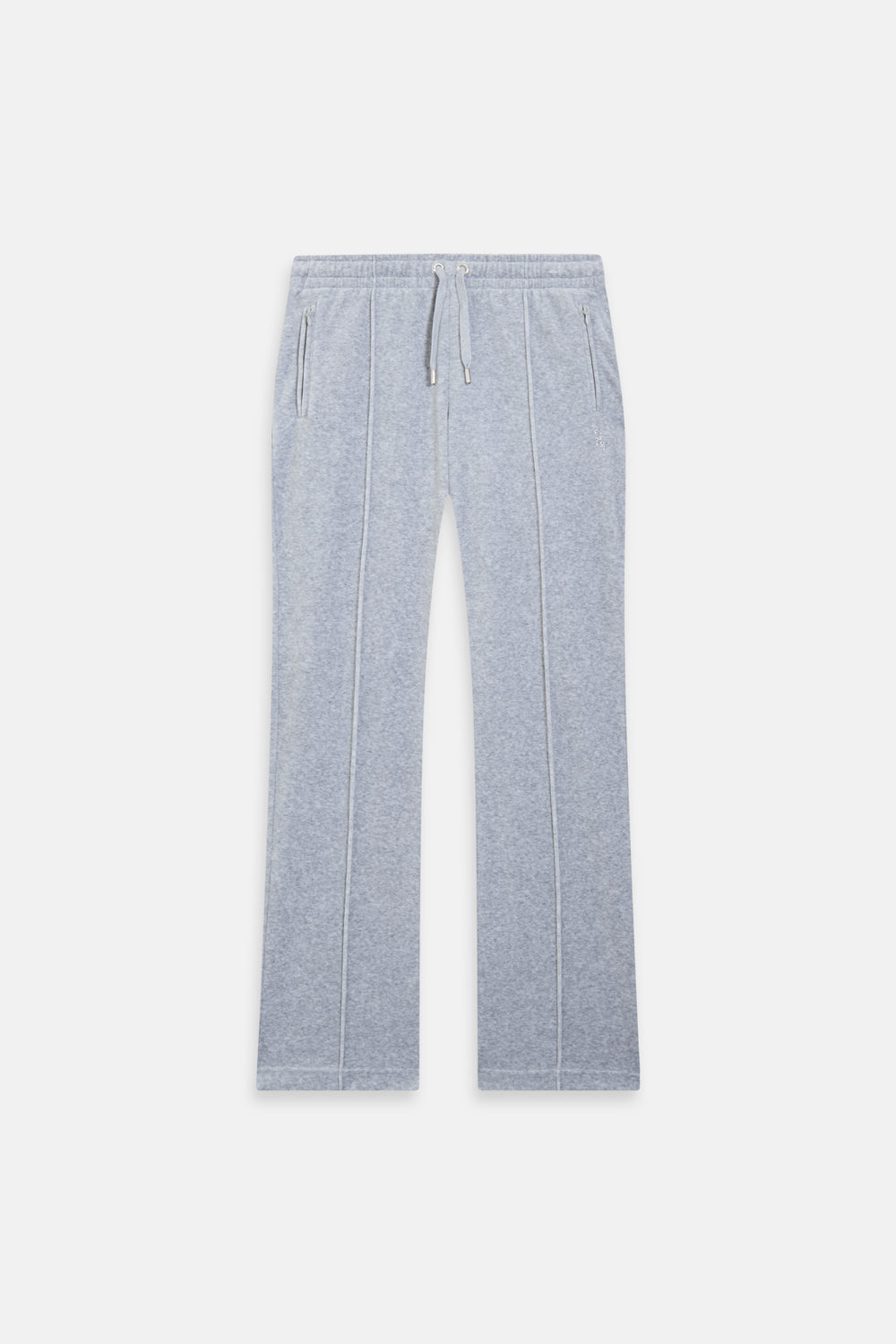 Displays the Silver Marl Diamanté 'Juicy' branded cotton velour tracksuit bottom  