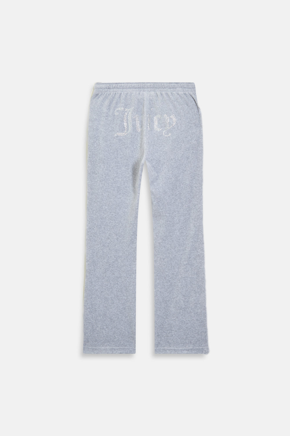 Displays the Silver Marl Diamanté 'Juicy' branded cotton velour tracksuit bottom  