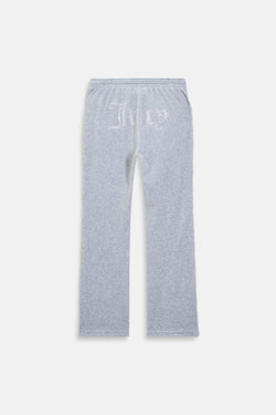 Displays the Silver Marl Diamanté 'Juicy' branded cotton velour tracksuit bottom  