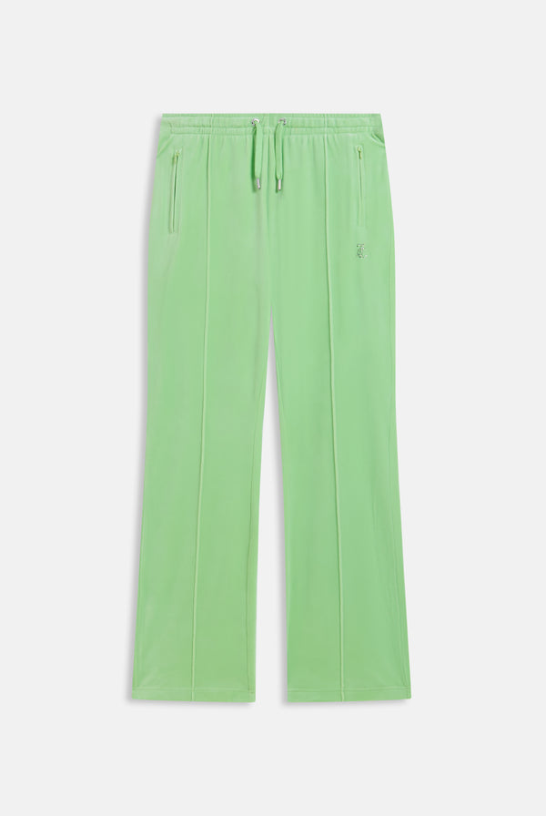 Displays the pistachio green outline 'Juicy' branded velour diamanté tracksuit bottom 