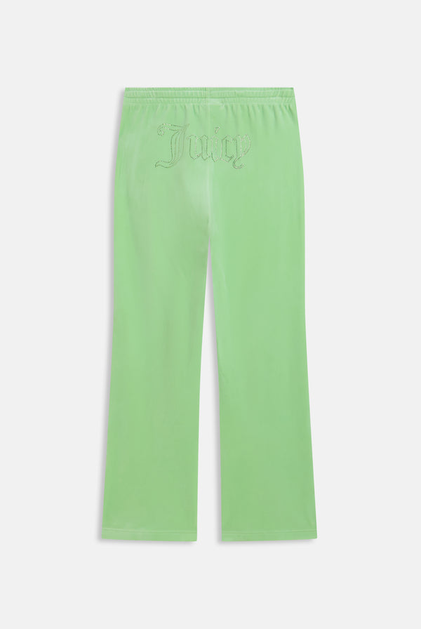 Displays the pistachio green outline 'Juicy' branded velour diamanté tracksuit bottom 