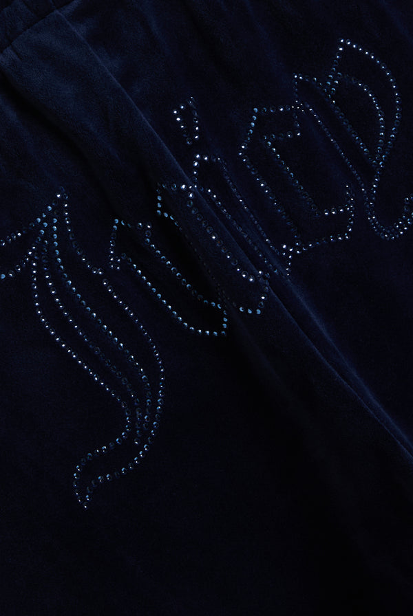 Displays the Night Sky outline 'Juicy' branded velour diamanté tracksuit bottom featuring the juicy branding 