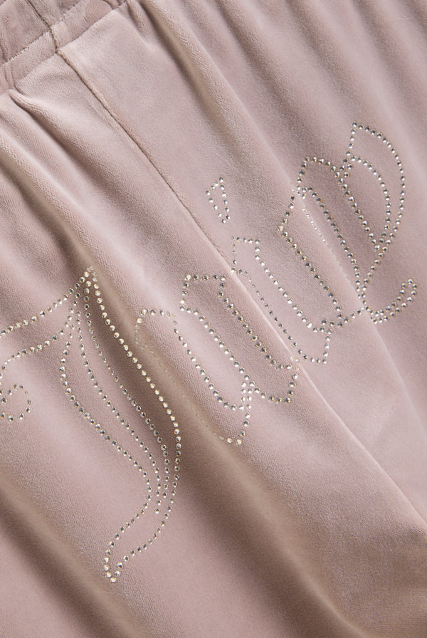 Displays the jungle outline 'juicy' branded velour diamanté tracksuit bottom featuring the juicy branding
