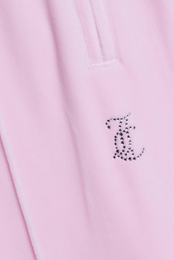 Displays the Cherry Blossom 'Juicy' branded velour outline diamanté tracksuit bottom featuring the juicy Couture logo