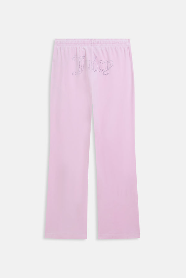 Displays the Cherry Blossom 'Juicy' branded velour outline diamanté tracksuit bottom  
