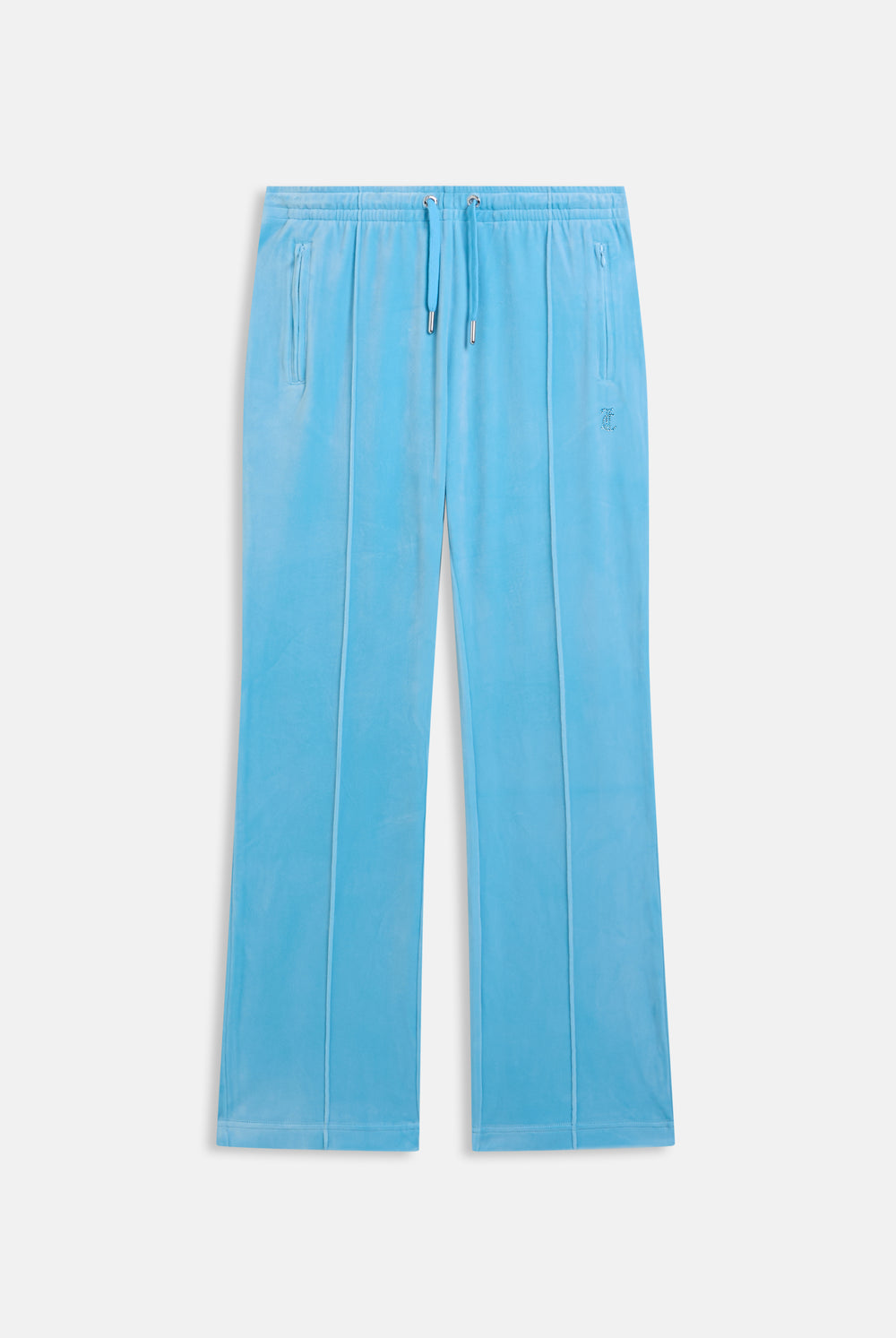 Displays the Sky Blue 'Juicy' branded velour outline diamanté tracksuit bottom 