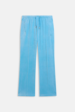 Displays the Sky Blue 'Juicy' branded velour outline diamanté tracksuit bottom 