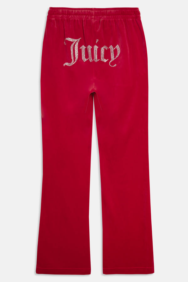 Displays the Astor Red Velour 'Juicy' branded Diamanté tracksuit bottoms 