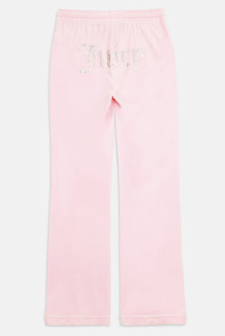 Displays the Almond Blossom 'Juicy' branded velour diamanté tracksuit bottom 