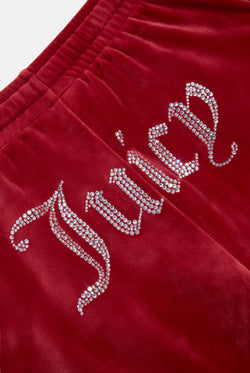 Displays the Red Dahlia 'Juicy' branded velour diamanté tracksuit bottom featuring the juicy branding 