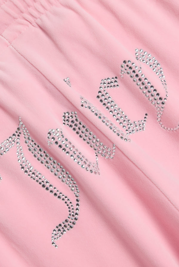 Displays the Juicy Pink 'Juicy' branded velour diamanté tracksuit bottom featuring the juicy branding 