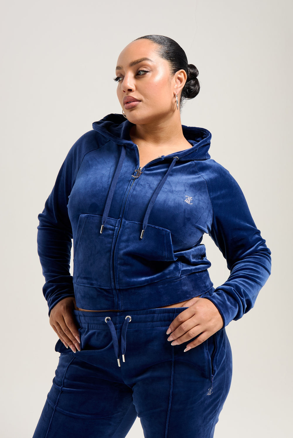 BLUE DEPTHS DIAMANTÉ VELOUR ZIP-THROUGH HOODIE