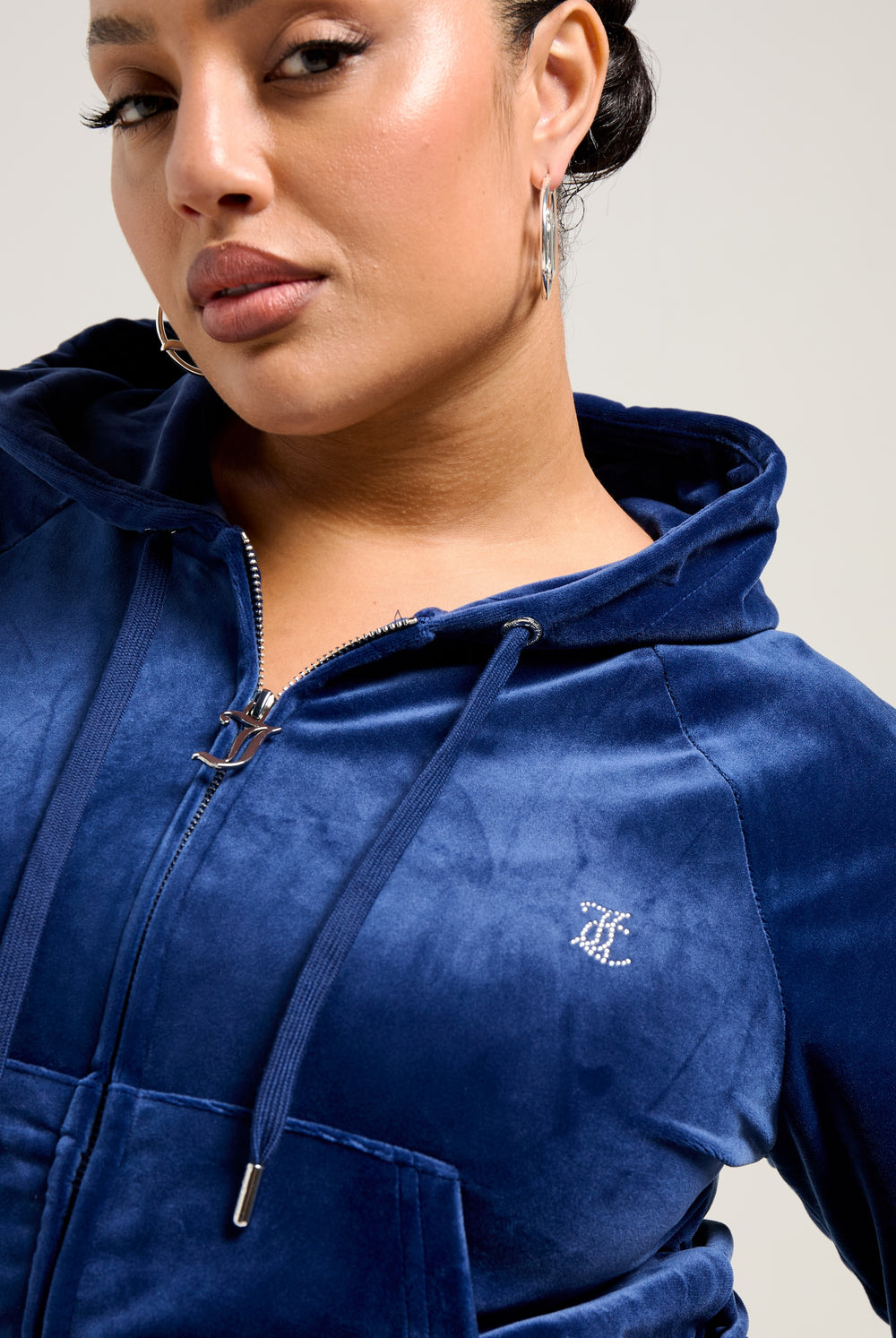 BLUE DEPTHS DIAMANTÉ VELOUR ZIP-THROUGH HOODIE