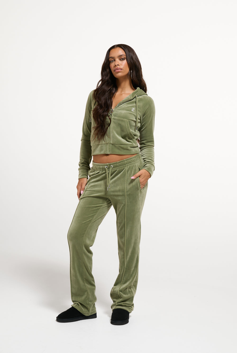 Oil Green Velour Diamanté Tracksuit Bottom