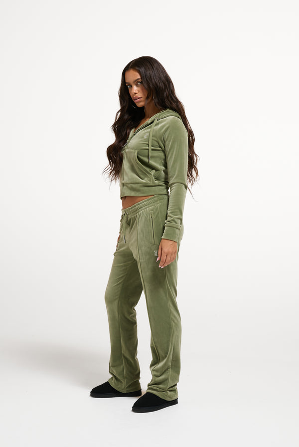 Oil Green Diamanté Velour Zip-Through Hoodie