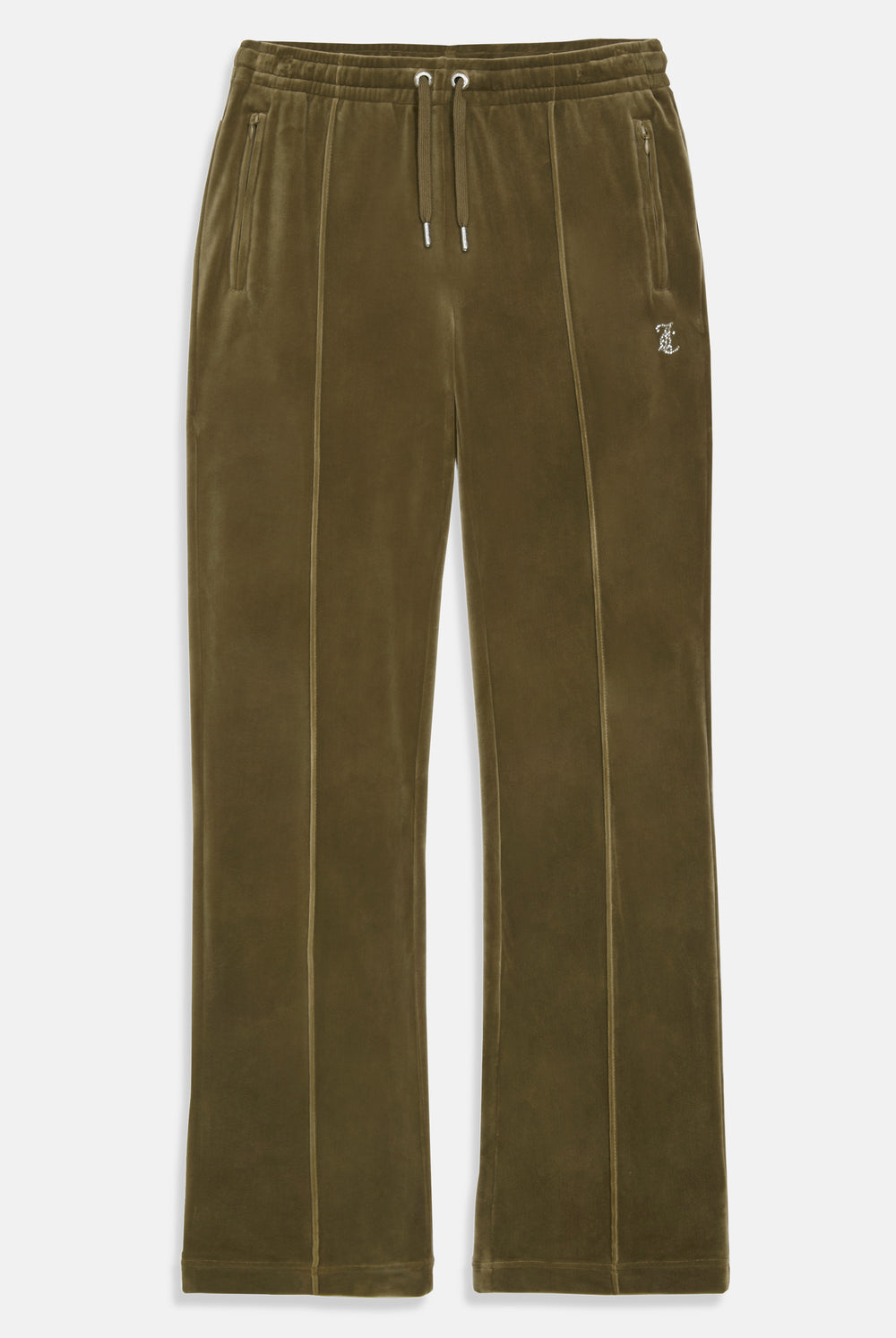 Displays the Dark Olive 'Juicy' branded velour diamanté tracksuit bottom