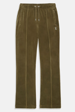 Displays the Dark Olive 'Juicy' branded velour diamanté tracksuit bottom